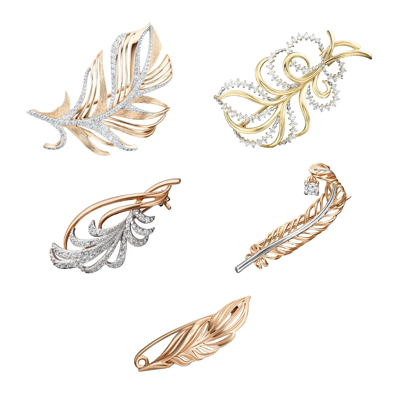 Feather Delicate Brooch 14K Solid Rose Yellow White Gold OEM ODM