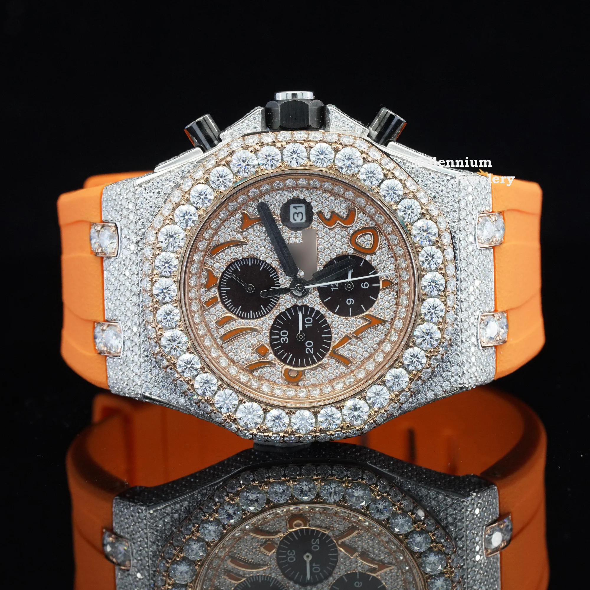 Top Selling Branded Iced Out Moissanite Watch Hip Hop Bust Down Chrono Watch For Men Rubber Belt Watch At Wholesales Price