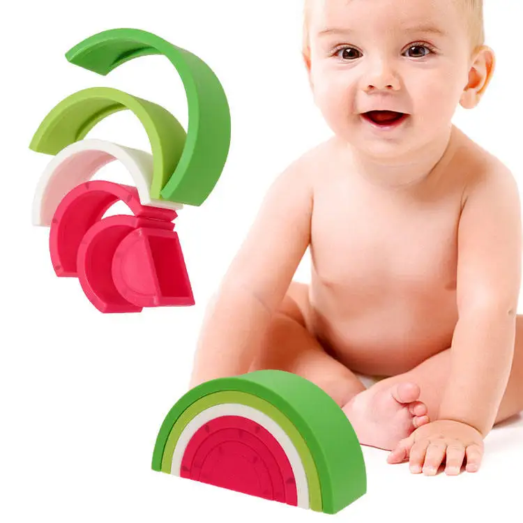 Silicone Rainbow Stacking Building Block Toys Educational Baby Splashing Watermelon Toys