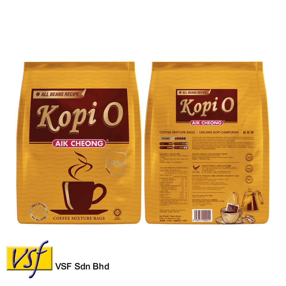 Aik Cheong Coffee Kopi O (крепкий) черный кофе с сахаром 18 г x 12s 24 pkts приготовленный в малазийском халяльном растворимом
