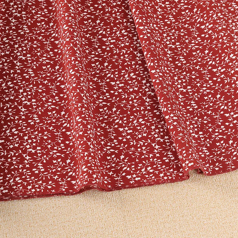 Cute Square Collar Puff Sleeve Kids Frock Red Cotton Floral Printed Summer Dress for Girls Off Shoulder