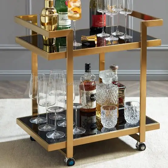 Restaurant bar cart Low price bar cart in gold finish glass top hotel trolley  high quality wholesale rate