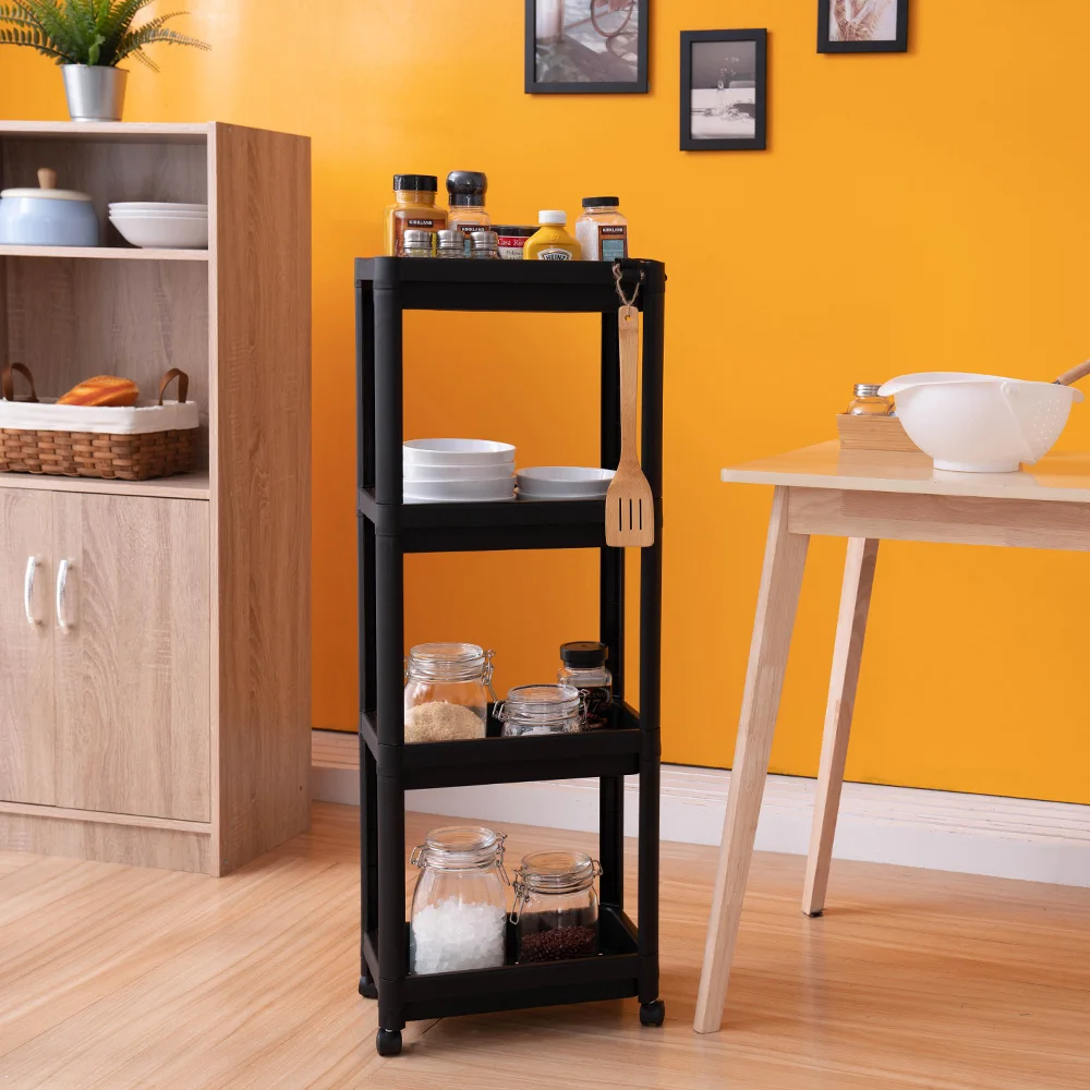 Multifunctional White Storage Rack Trolley 4 Tiers Organizer with Wheels Multifunctional Storage Cart-Black