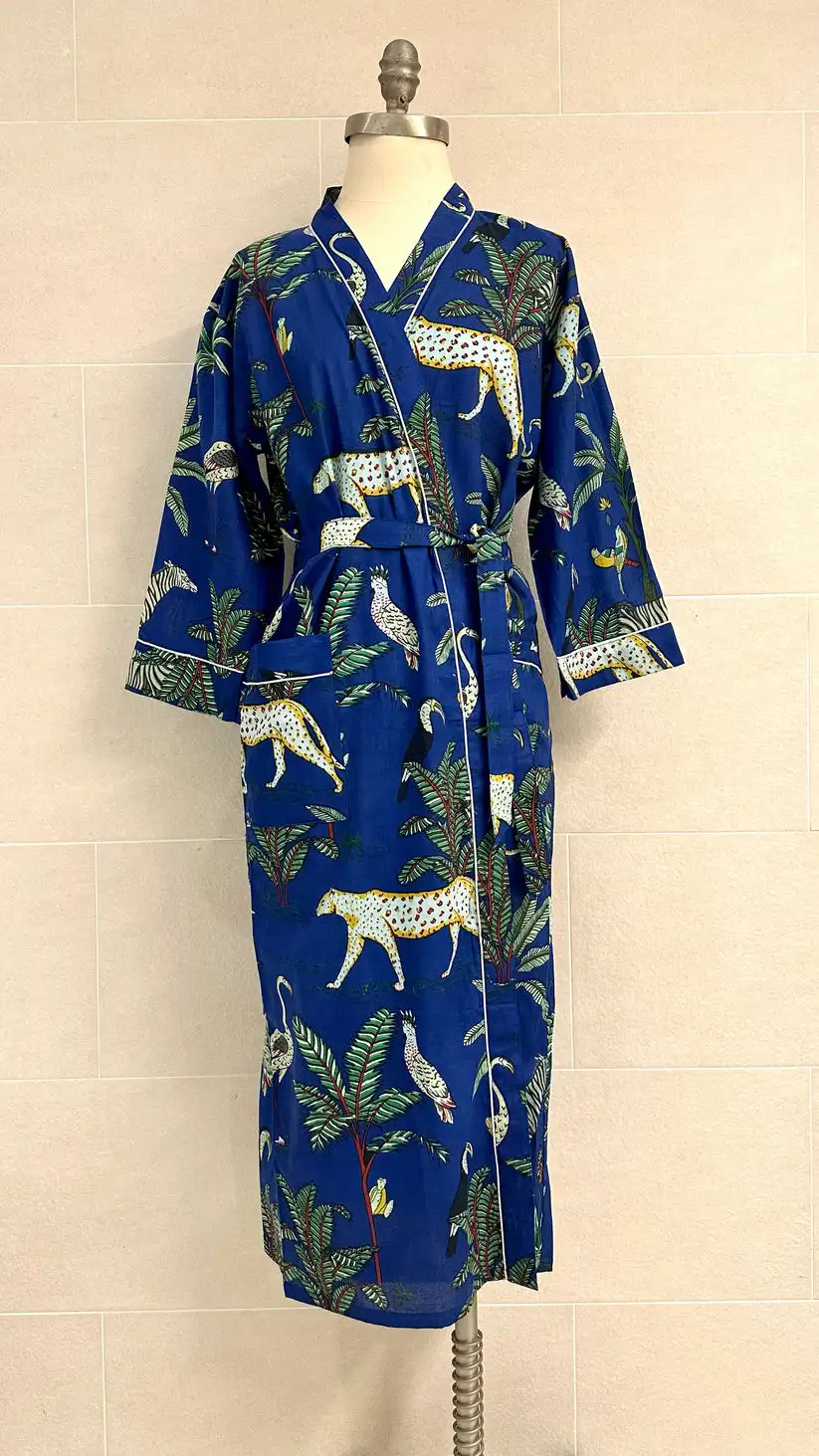 Hot Selling Good Quality Silk Material Long Length Floral Pattern Design Kimono Robe with Belt and Sleeves for Women & Girls