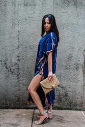Cheap Wholesale Clothing Factory Oem Tie Dye Kimonos Long Length for Women Beach Wear Cover Blue Boho Style Beach Dress