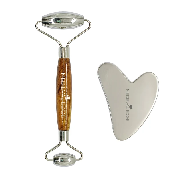 Best Quality OEM Private Label Gua Sha Facial Glowing Massager Roller Stainless Steel Heart Shape Manual Body Neck Massager Wood