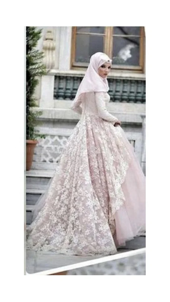 Pink Muslim Evening Dresses Lace Long Sleeves High Neck Saudi Modest Islam Prom Wedding Gowns 2023