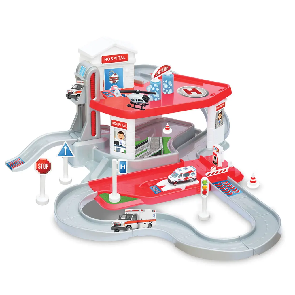 2 Level Hospital Garage Set and Mega Pist Include 1 Metal Helicopter 1 Metal Car Toy for Kids Fun Parking Garage Slot Wholesale