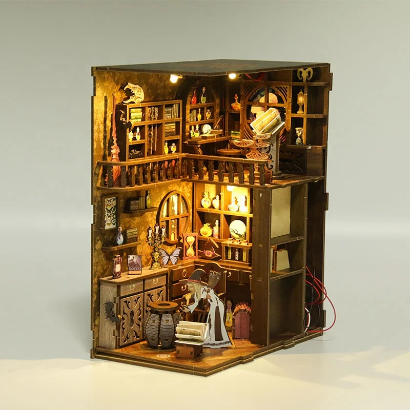 Best style wood puzzle toy book nook dollhouse library magic Christmas gift 3D puzzle wooden diy house miniature book nook