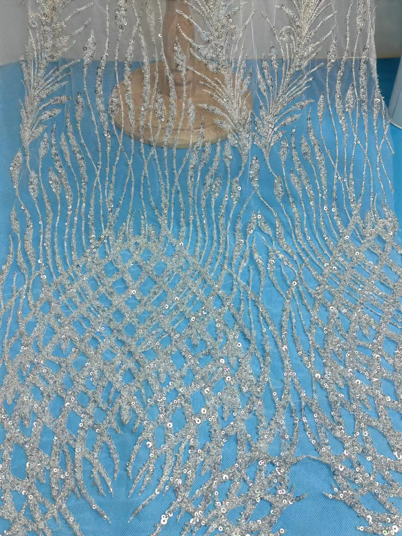 Modern flat embroidered hand made beaded bridal luxury sequins lace fabric for bridal dress