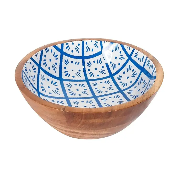 Modern Minimalist Acacia Wood Serving Bowl Handcrafted Enamel Print Elegant Maple Wood Fruit Bowl Touch Nature Concept Food