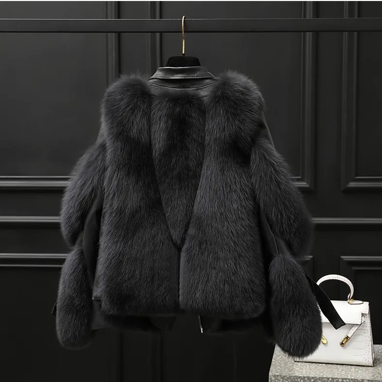 Women autumn and winter whole skin fox fur short coat hing imitation fur one young coat women jacket