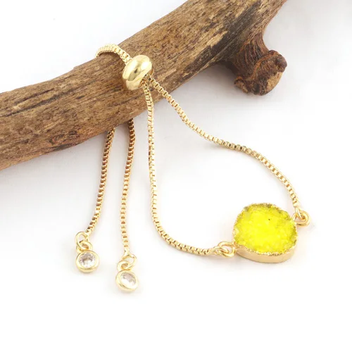 Romantic heart shape lemon sugar druzy & cz quartz slider lock bracelet 24k gold plated box chain adjustable bracelet for woman