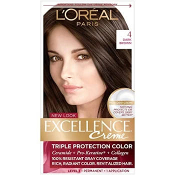 LOreal Paris Excellence Creme Permanent Hair Color, 4 Dark Brown, 100 percent Gray Coverage Hair Dye, Pack of 1