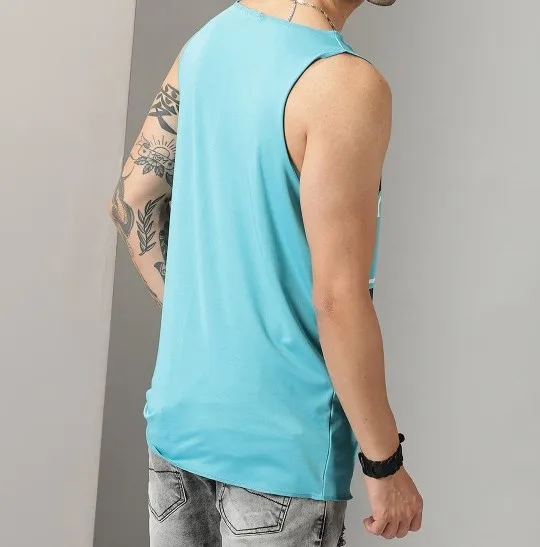 Custom Hip Hop Street Style Wear Sleeveless Tshirt For Men Sea Green No Printed V-Neck Raw Edge T-shirt Knitted Polyester Fabric