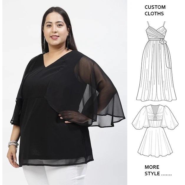 2024 NEW ARRIVAL CUSTOM BLACK PEPLUM TOP WITH CAPE SLEEVES ELEGANT CASUAL CLASSIC WOMEN TOP FOR SUMMER