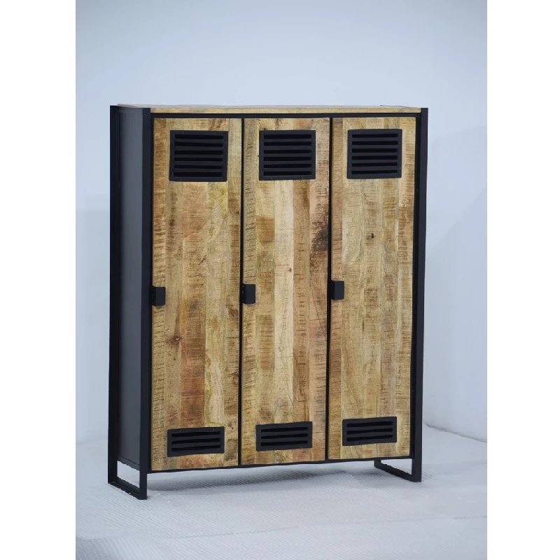 Hot Selling Industrial Design Triple Door Locker Cabinet Good Quality Solid Wooden With Iron Base Wardrobe for Ho