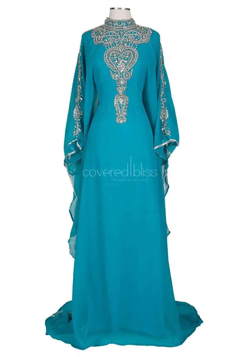 Bottle Green Crape Silk Color Caftan Very Kaftan With Colorful HandEmbroidery Pearls Beads Crystals W