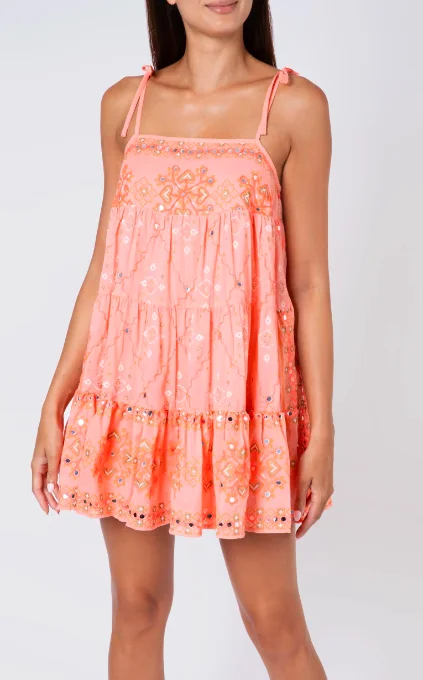 Vivid Coral Mosaic Print Mirror Embroidered Tired Women Mini Dress  Irresistible Girls Perfect Fit Summer  Vacation Short Dress