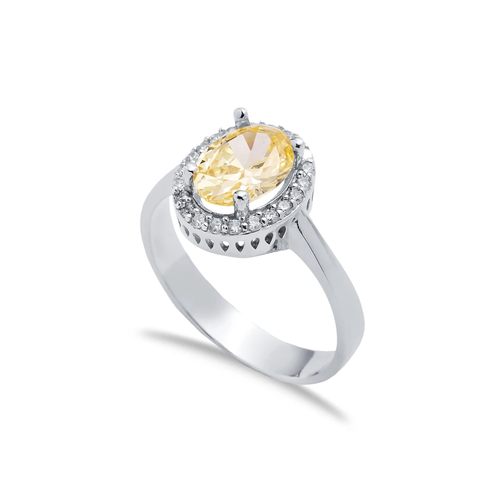 Citrine CZ Stone Oval Shape Turkish Handcrafted Wholesale 925 Sterling Silver Cluster Ring for Women