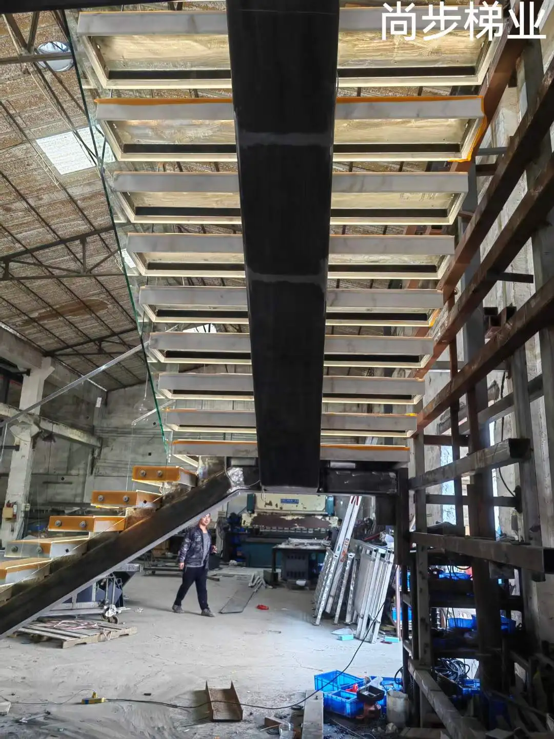 White marble step LED light staircase stone tread glass railing stairway tile stairs marble base steel stringer staircase