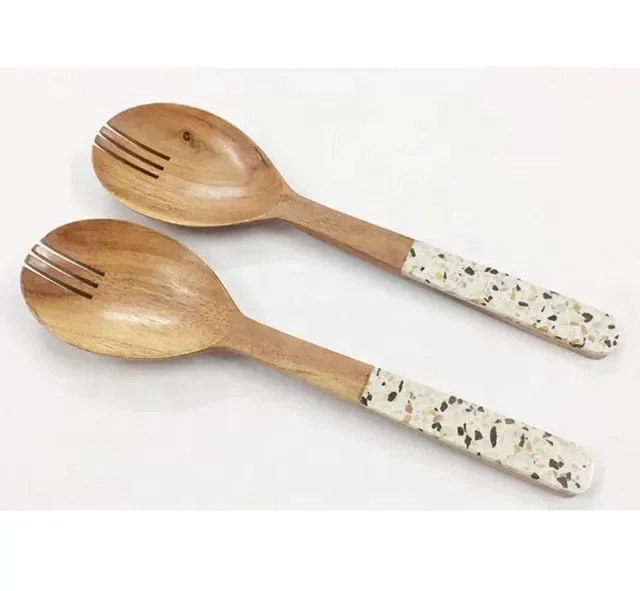 Wooden Salad Server Terrazzo Handle Acacia Wood Salad Server Spoon Set Steel Kitchen Fruit Vegetable Spinner kitchen gadgets