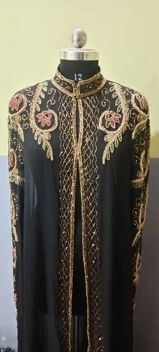 Ivory Champagne Modest Straight Wedding Dress Hand Beaded Crystals Long Veil Cape Warm Bridal Gown Sparkle Magnesia Crafts long