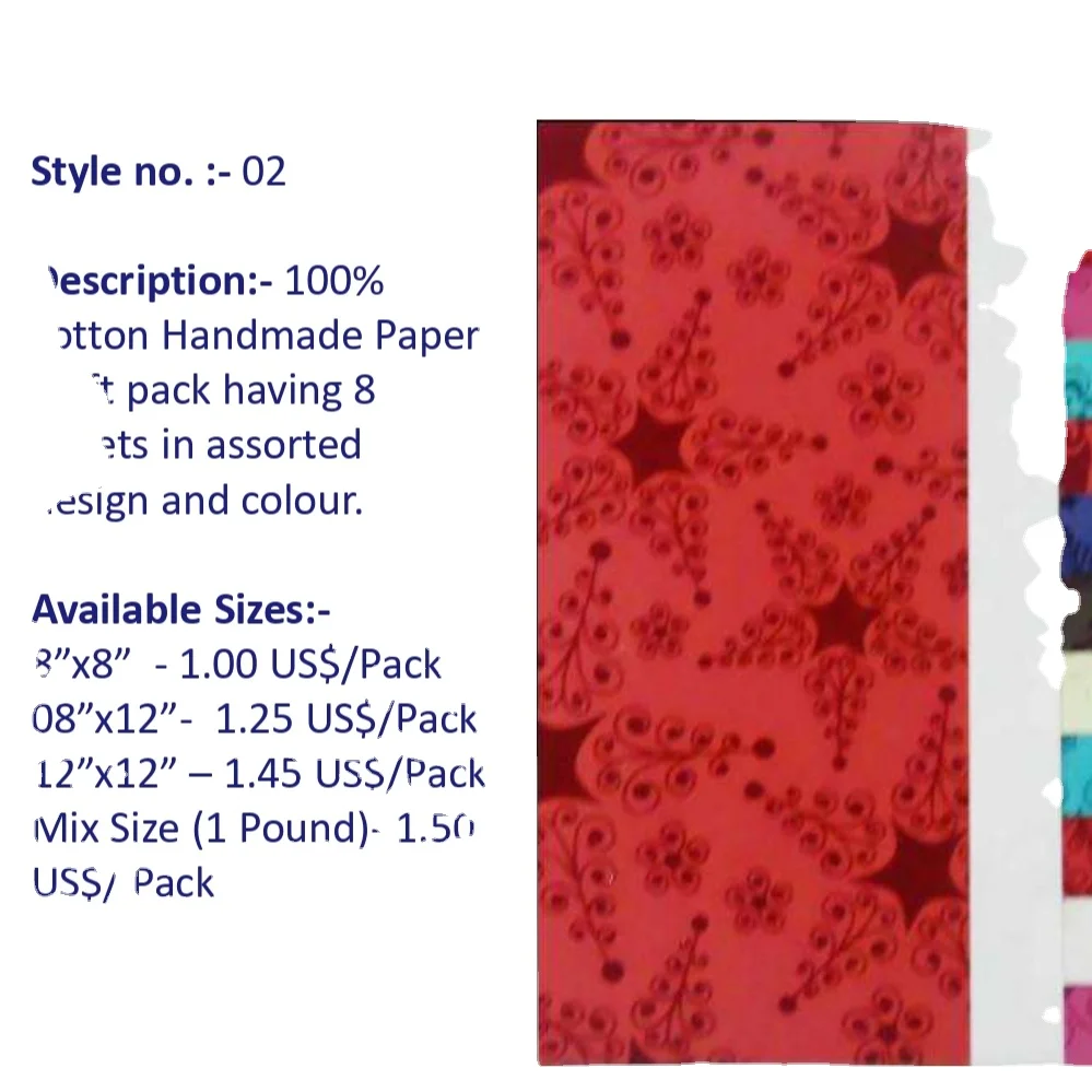 100% recycled cotton handmade craft Paper having 8 sheets in assorted design and color 2021 Christmas New Design High Quality