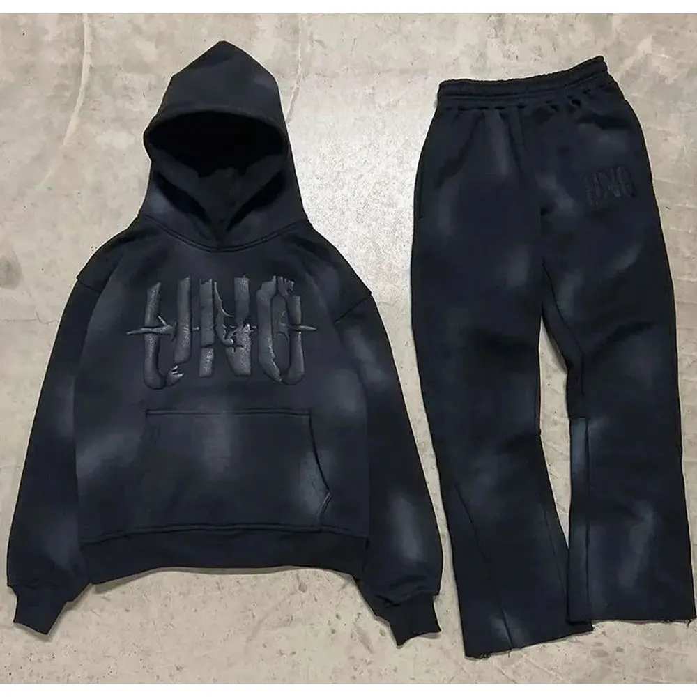 Custom Logo Stacked Flared Sweatpants and Hoodie Set Acid Wash 3D Puff Print Distressed Tracksuit by Elegant Sports
