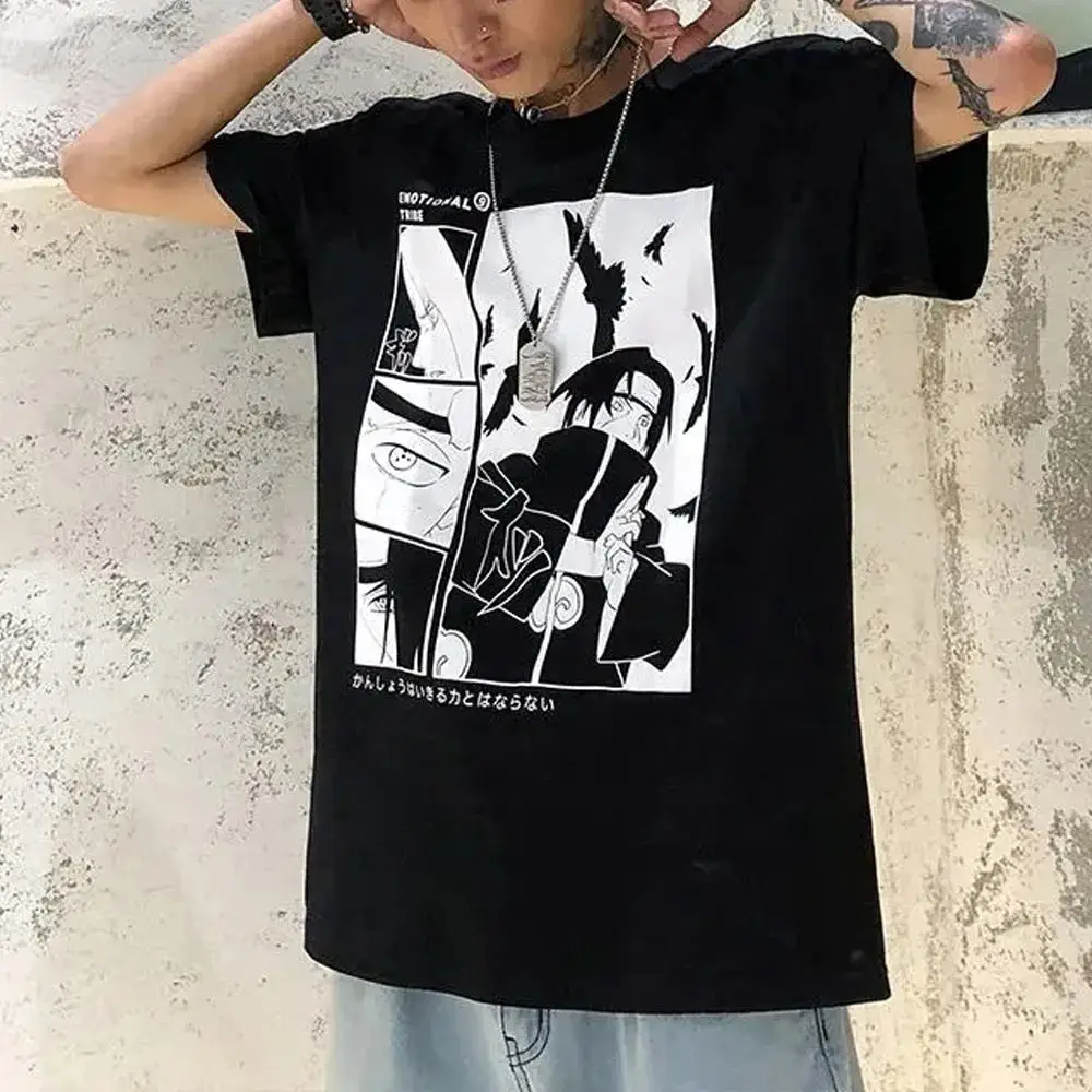 Custom Logo Printed Cotton Men T-Shirt Vintage Street Oversized Shoulder Drop Shoulder Graphic Anime Print T Shirts For Men