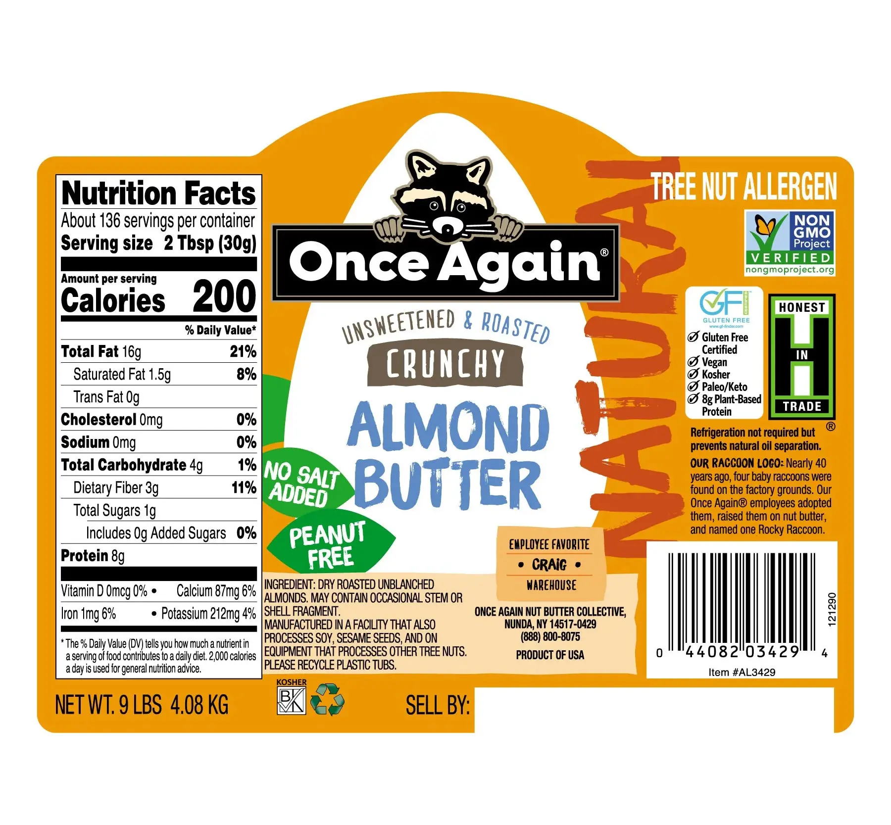 Высококачественное ведро 9 фунтов обжаренное без соли несладкое хрустящее миндальное масло глютена веганская упаковка на основе арахиса