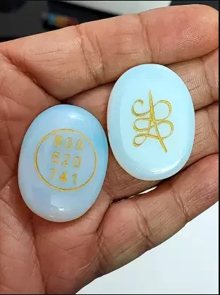 Zibu Wealth And Prosperity Angel Symbol Engraved Opalite Opelite Crystal Cabochon For Reiki Healing