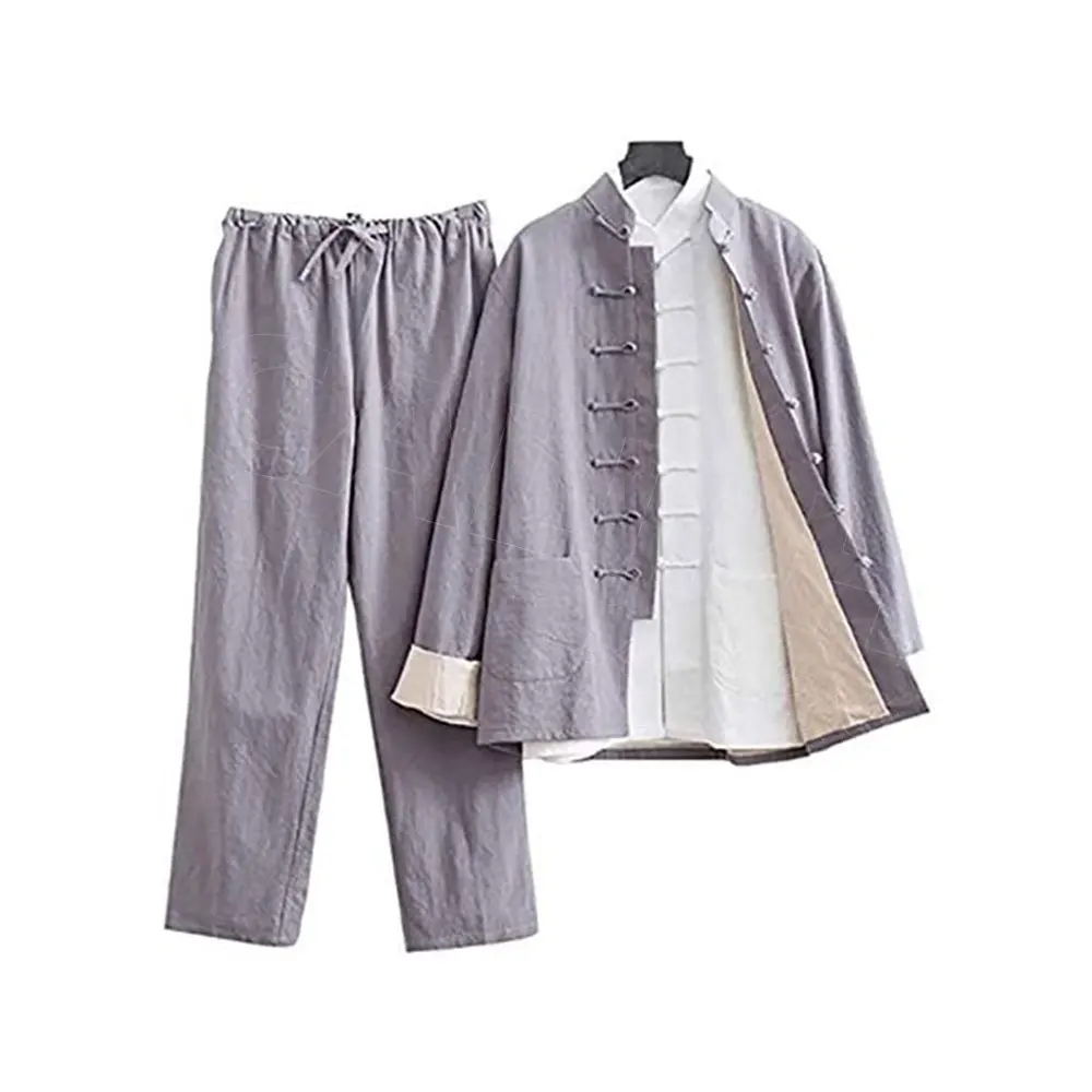 New Pure Cotton Traditional Chinese Tang Suit Long Sleeve Set Kung Fu Clothes Uniform Shirt Coat Pants for Men