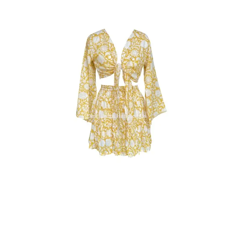 Indian Cotton Coord Set For Women Block Print Beach Skirt & Top Handmade Summer Co-ord Sets Unusual Tie Front Boho Short And Top