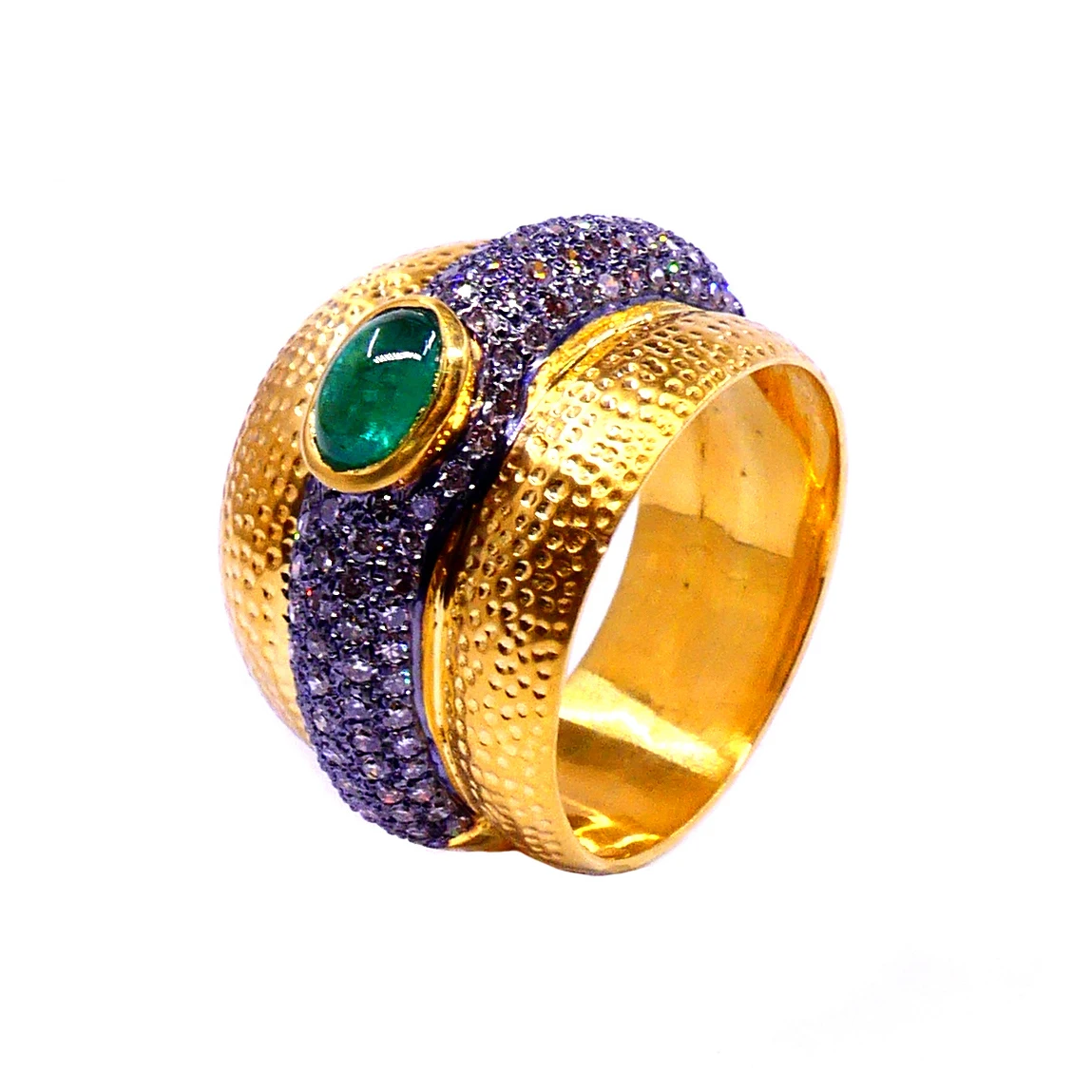 Customized 14K Yellow Gold Emerald Diamond Handmade Engagement Unique Trendy Elegant Jewelry Band Rings