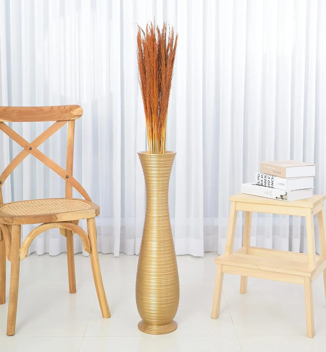 Large Floor Vase Handmade Flower Holder Made of Wood, Sophisticated Vessel for Decorative Branches and Dried Flowers,Gold