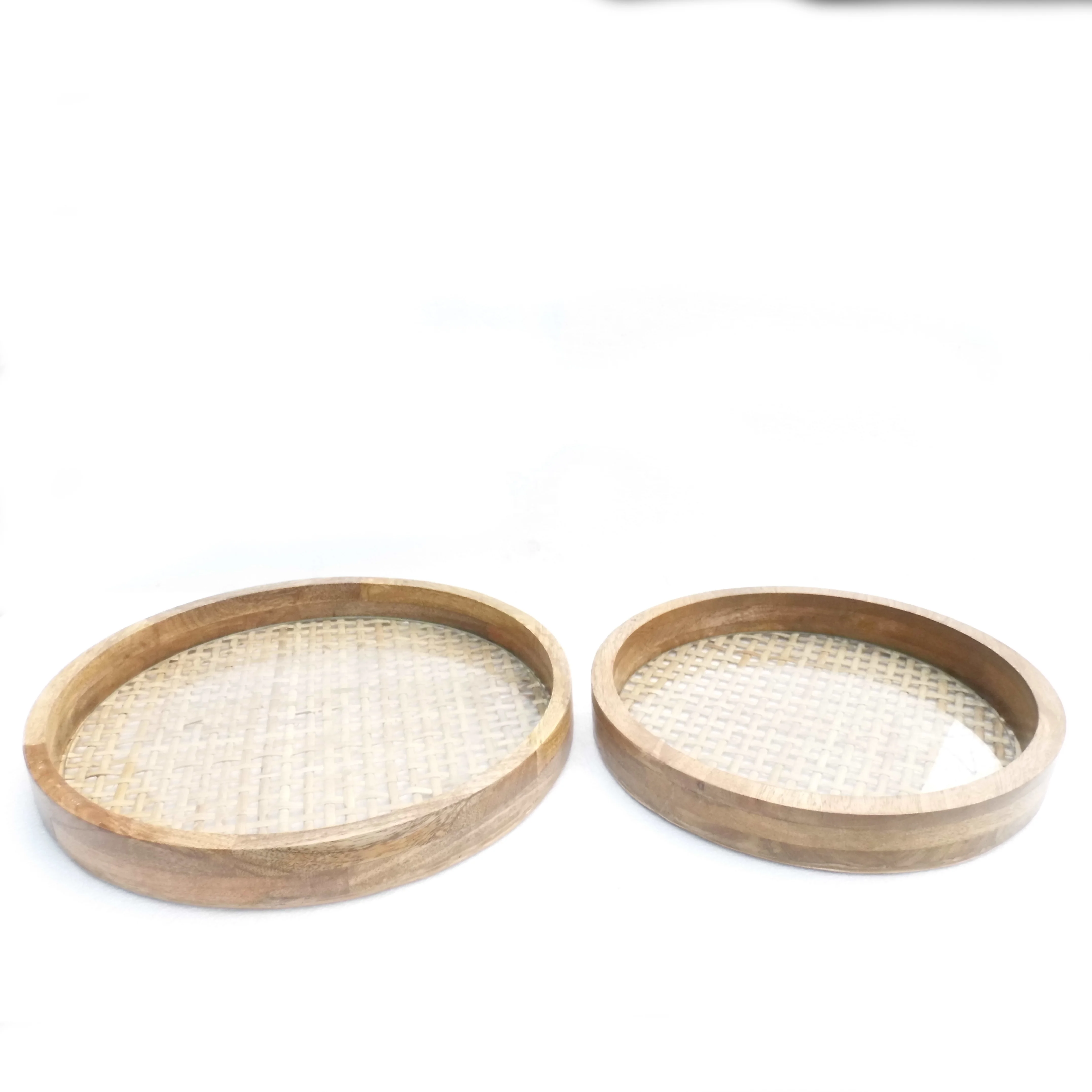 home kitchen daily use serving wood tray round shape attractive designer wood glass tray