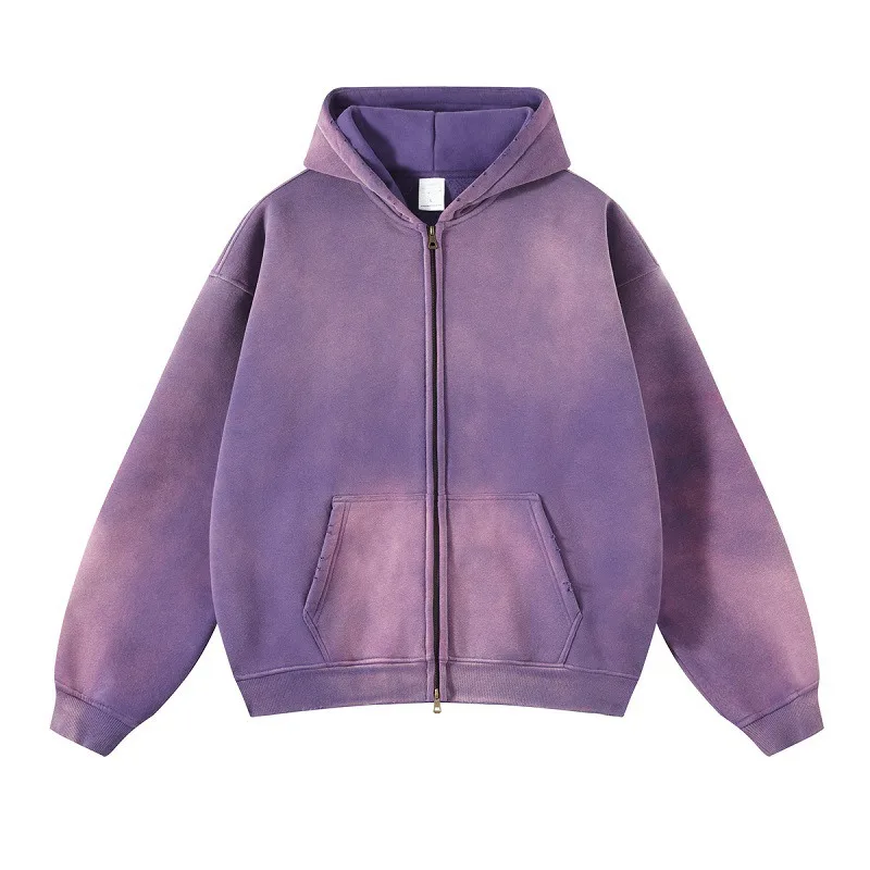 OEM Hoodie Manufacturers Custom High Quality Heavyweight Zip UP Acid Wash Men Hoodies With Solid Pattern