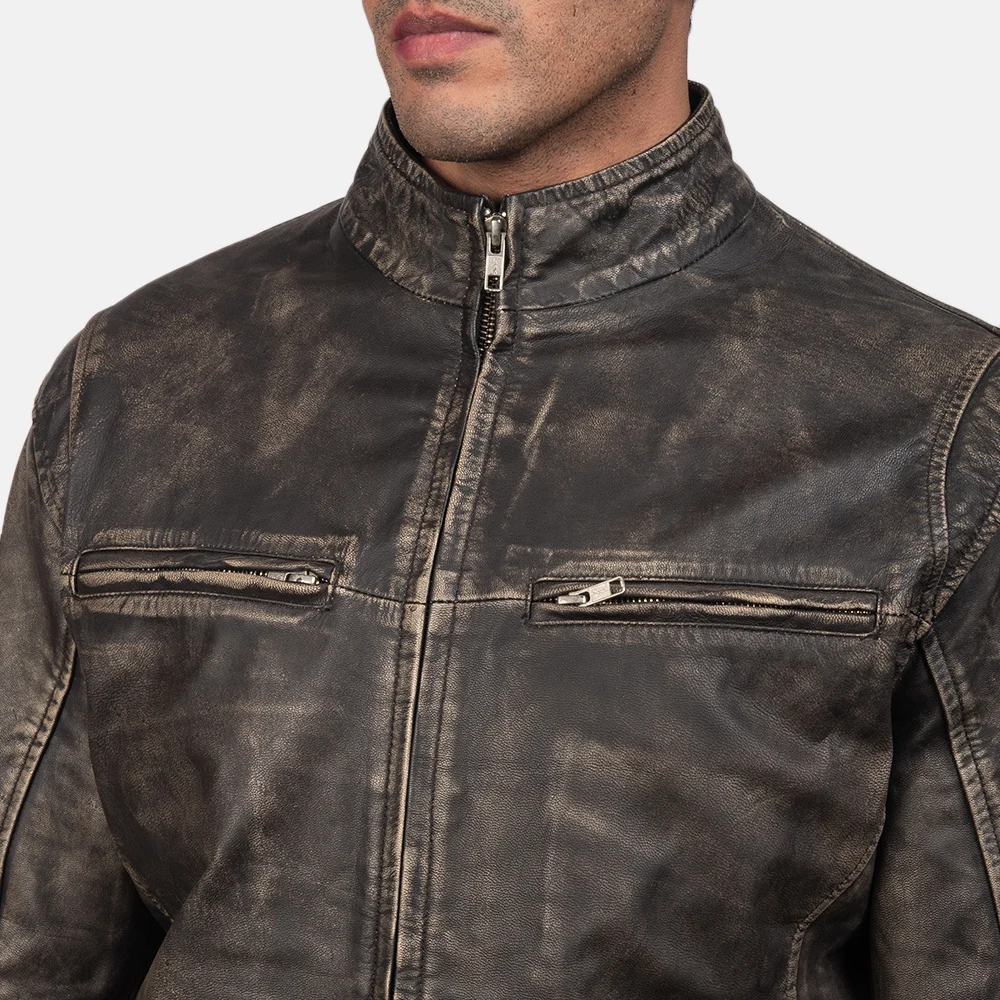 Real Leather Sheepskin Aniline Zipper Iconic Distressed Brown Men Biker Jacket Quilted Viscose Lining and Inside Outside Pocket