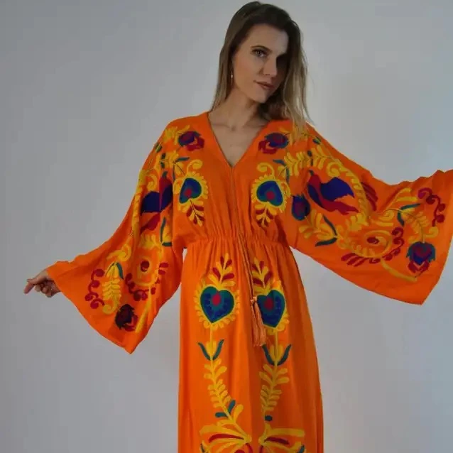 New Design Summer Resort Wear Floral Thread Embroidery Vintage Long Sleeve Floor Length Kaftan For Women Gift For Her