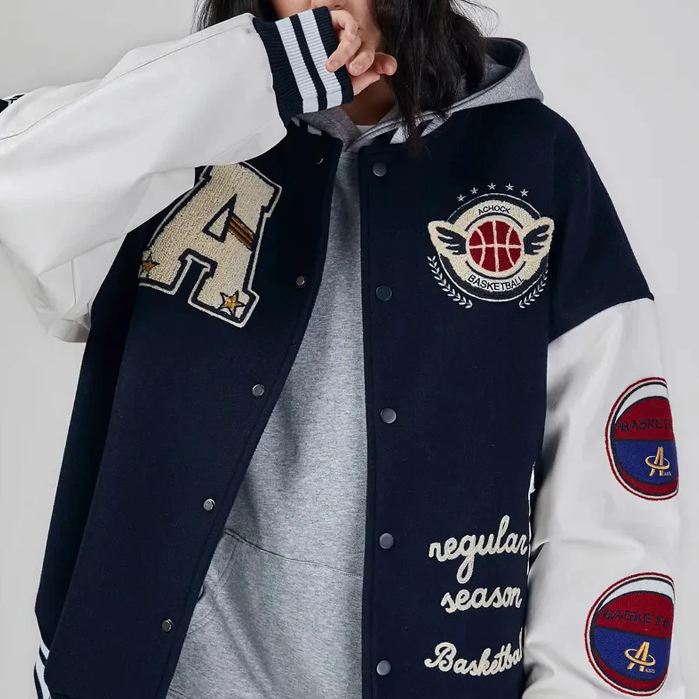 New 2023 Black Women Custom Embroidery Logo Sleeves Chenille Baseball Letterman Varsity Jacket College Pus Size Baseball Varsit