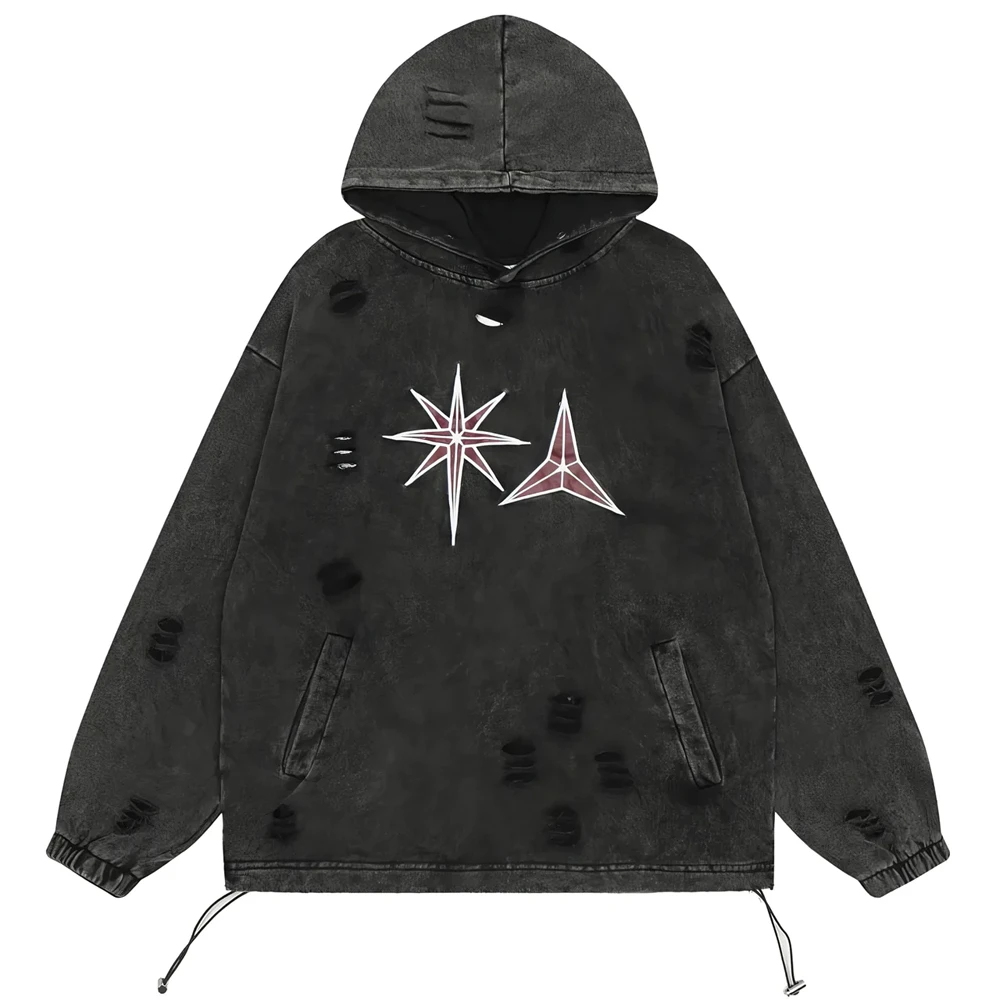 High Quality 100% Cotton Distressed embroidery Hoodies High Street Washing Stone Acid Washed Hoodies For Men