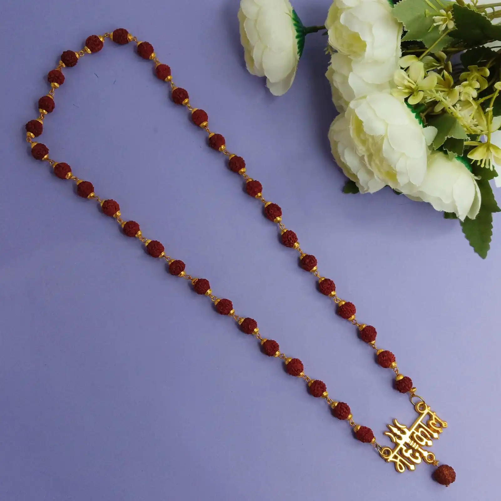 Indian Manufacturer Rudraksha Necklace with Lord Shiva Trishula Damru Pendant Handmade Beaded Necklace for Men Women