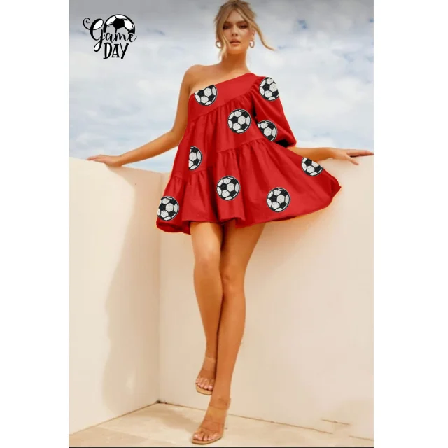 Wholesale Seller Summer Game Day Outfit Football Sequin Patches Off-shoulder Tiered Dress for Sale by Indian Exporters