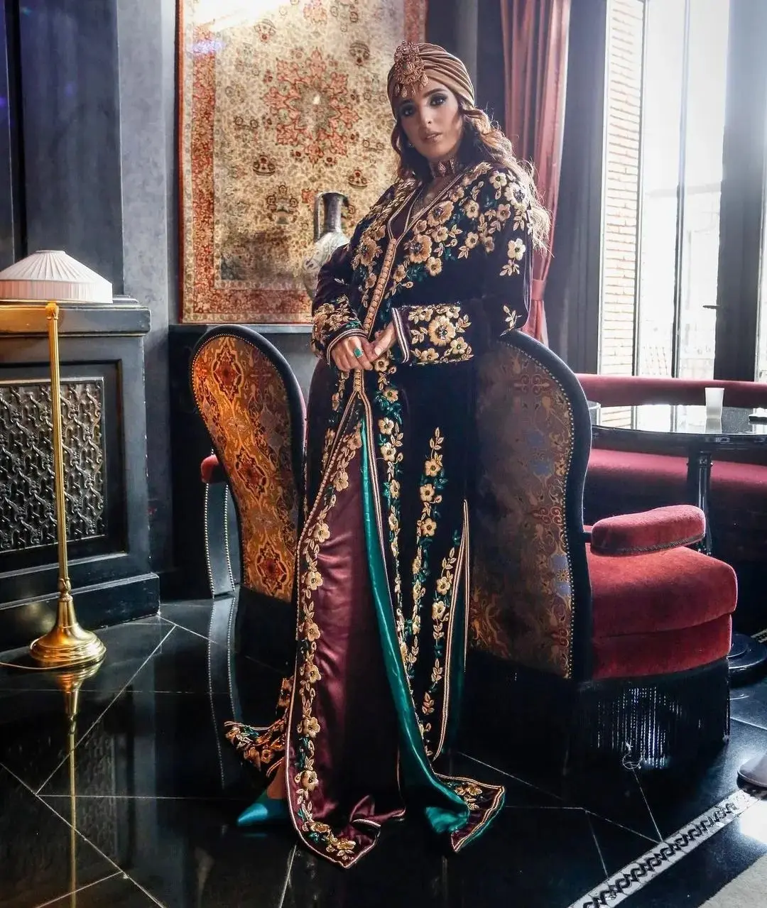 maroon purple moroccan dress caftan with very elegant hand silk thread work for wedding party for arab woman