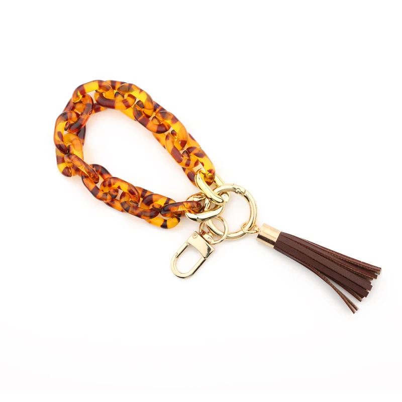 Women Colorful Acrylic Snake Chain Bracelet Keychain Wristlet Key Ring with Leather Tassel