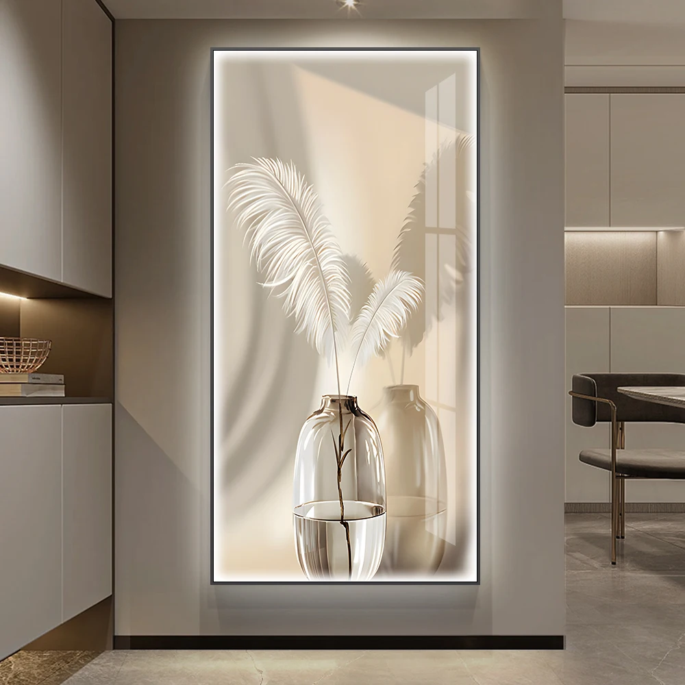 Роскошный домашний декор HD Картина на холсте белое перо Хрустальное фарфоровое настенное искусство со светодиодными лампами Висячие картины