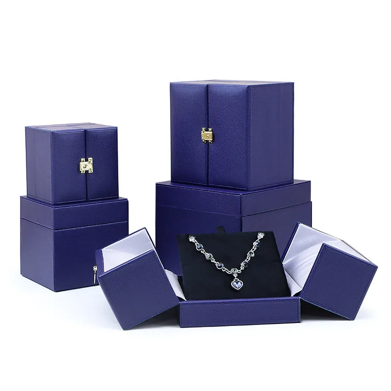 Blue Luxury Pu Faux Leather Jewellery Boxes For Wholesale Blue Grey Ring Necklace Earring Bracelet Set Jewelry Boxes