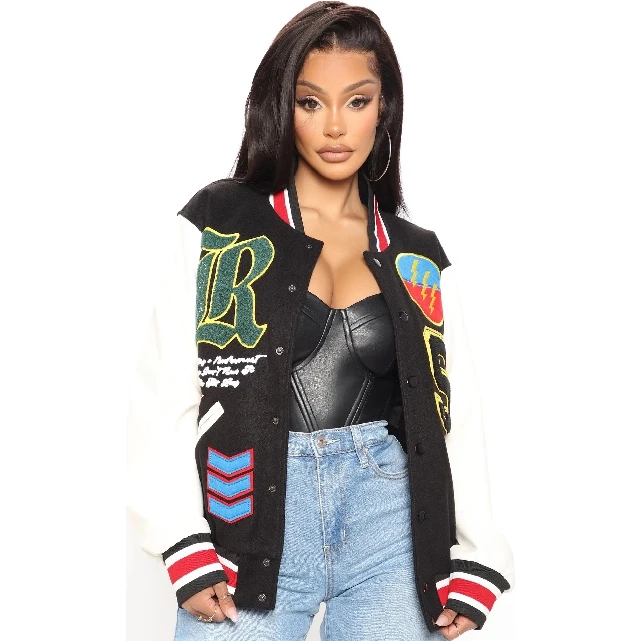 Winter Fall High Quality Women Crop Letterman Varsity Jackets Winter Long Sleeves Coats Leather Bomber Custom Varsity Jacket