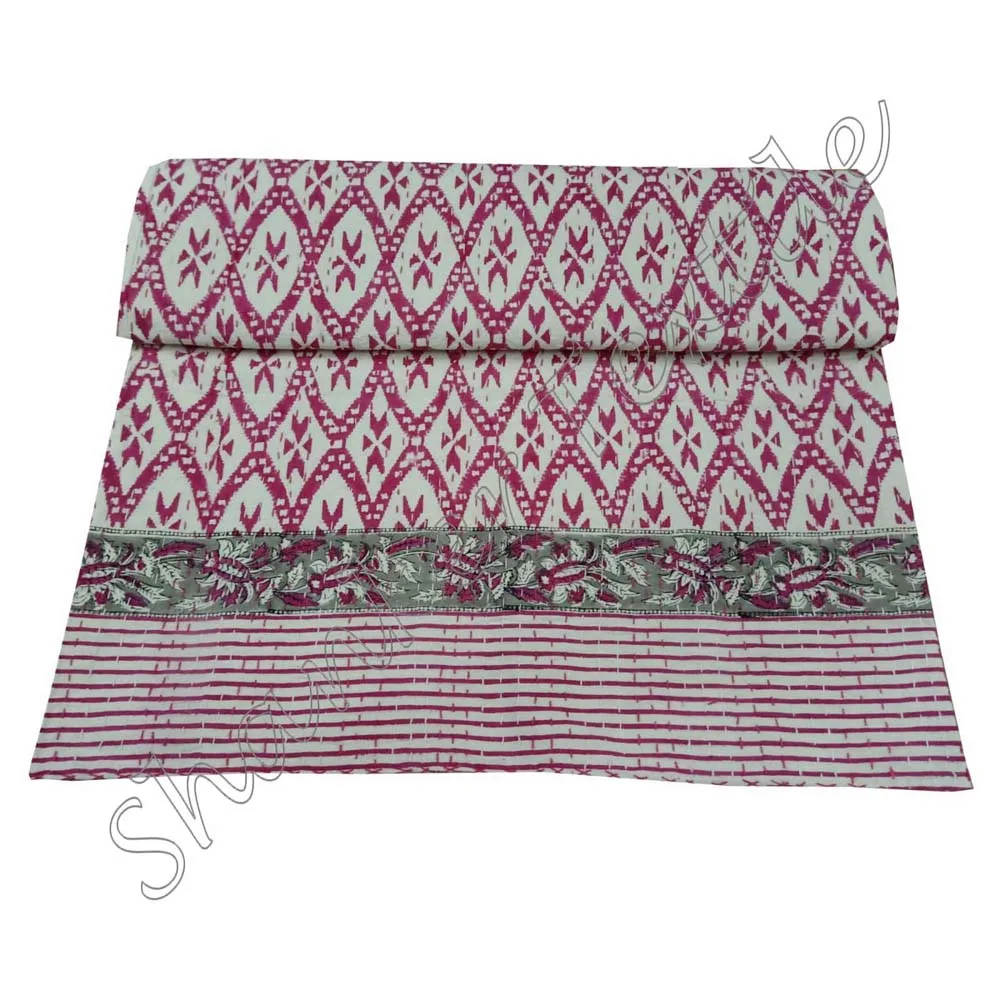 Cotton Kantha Handmade Reversible Kantha Quilt Bedspread Bedcover Old Throw Blanket Reversible Floral Bed Cover Quilt Queen Size